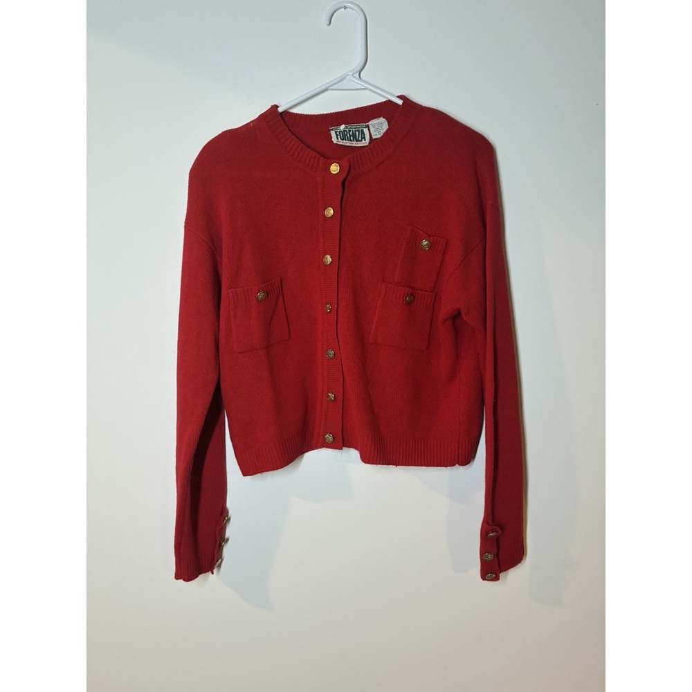 vintage Forenza red knit cardigan crew neck gold-tone buttons Lambswool Stain M